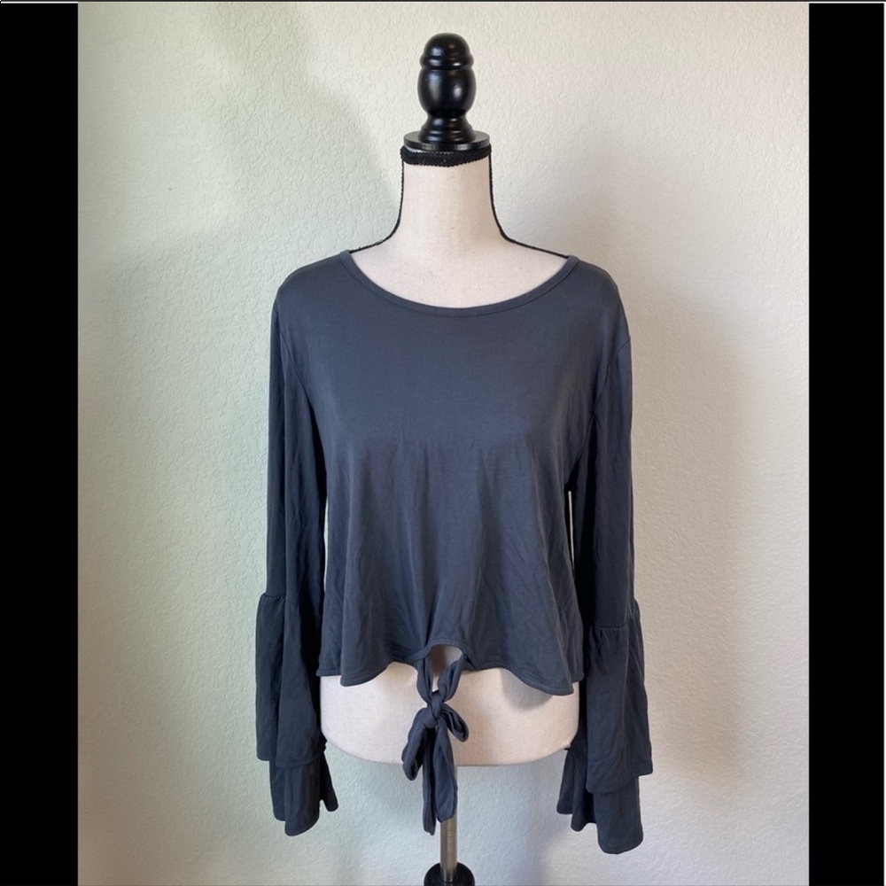 Love Riche Cynthia Bell Sleeve Tie Top in Charcoal